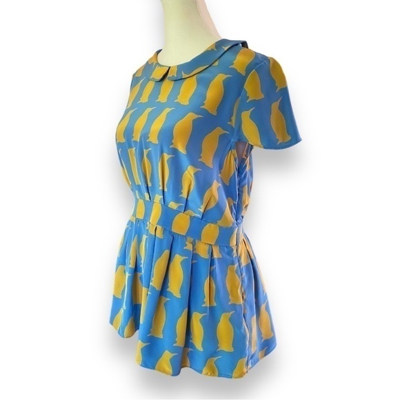 Charlotte By Charlotte Taylor Blue & Yellow Penguin Print Silk Blouse | Size 4 - Picture 3 of 14